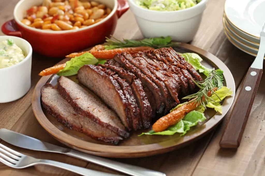 Brisket estilo de Texas con ensalada de col y frijoles.