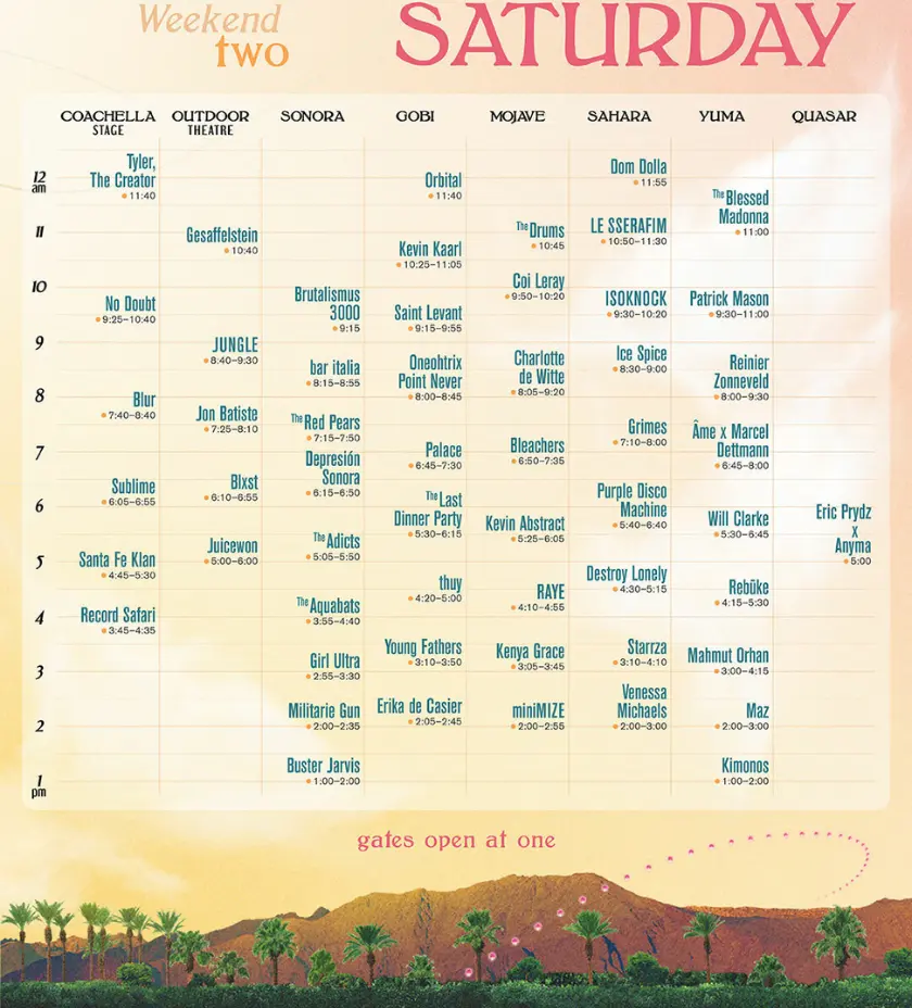 Coachella | Horario de los espectáculos del sábado 20 de abril | Qué Onda