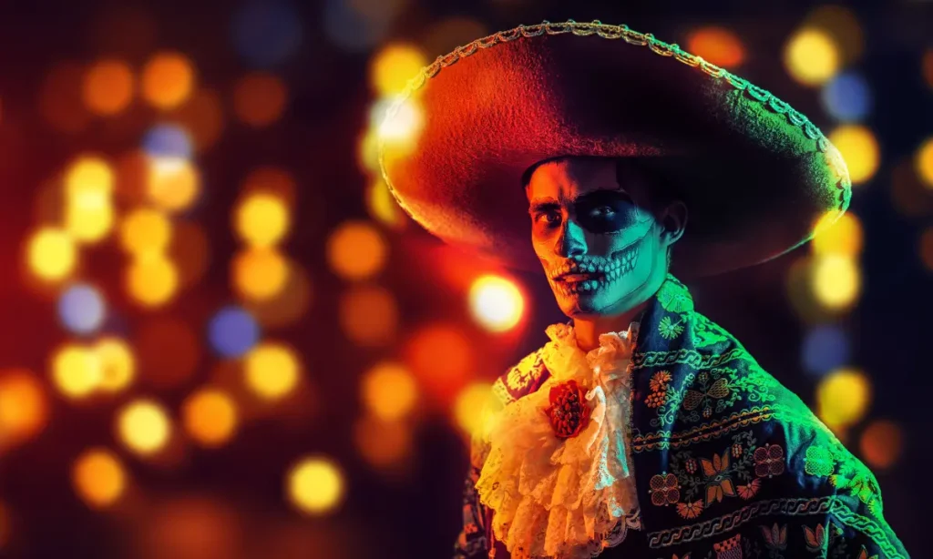 Hombre en traje charro celebrando el Día de Muertos con maquillaje de calavera | Qué Onda